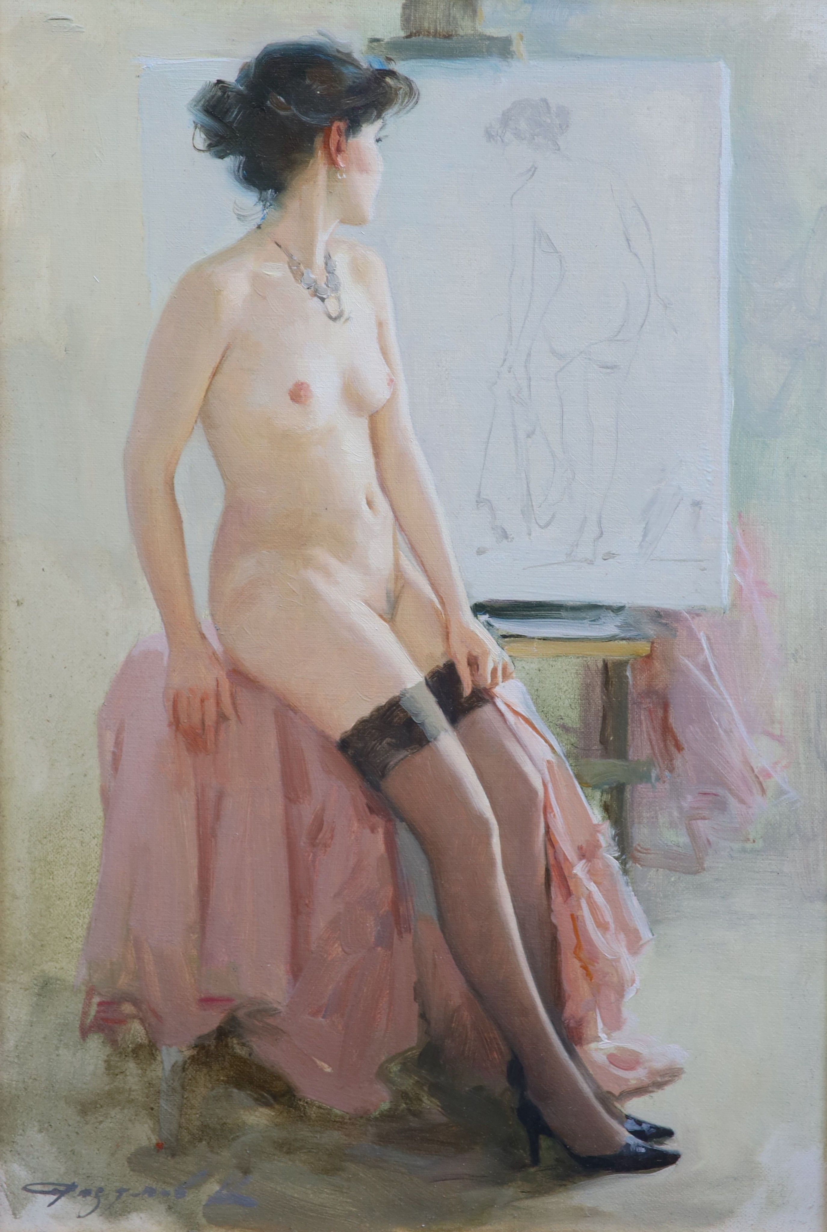 Konstantin Razumov (b.1974), The Artist’s Model, Oil on canvas, 34 x 23cm.